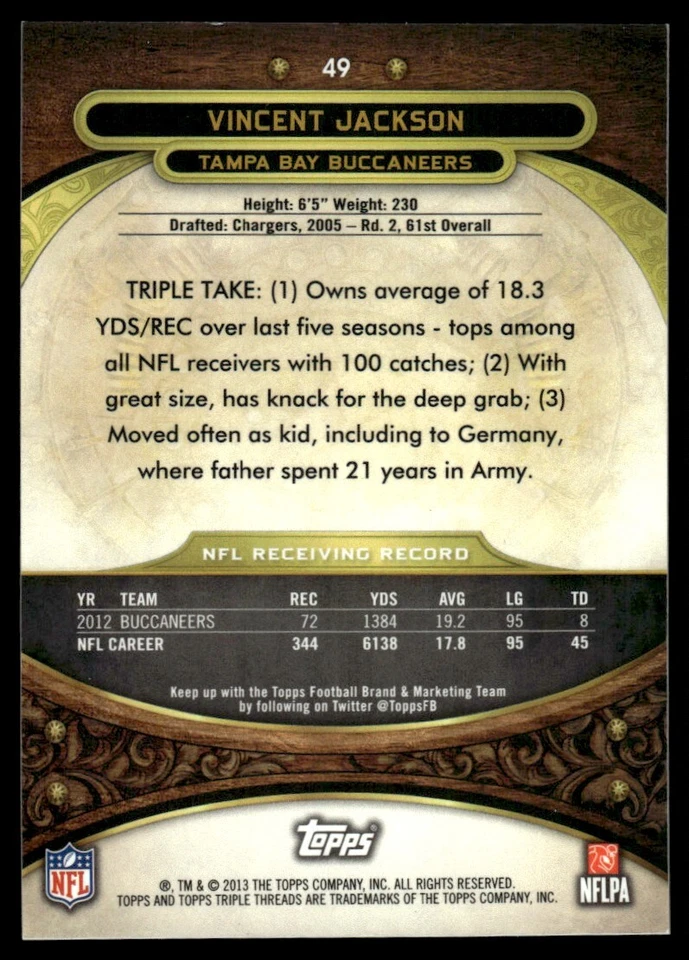 2013 Topps Triple Threads Gold Vincent Jackson 38/99 Tampa Bay Buccaneers #49 - Image 2 of 2
