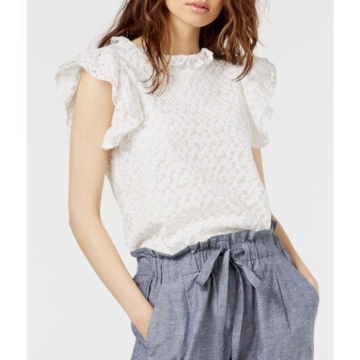 Jill Stuart Embroidered White Lace Shirt with Ruffle Sleeves Women's Large