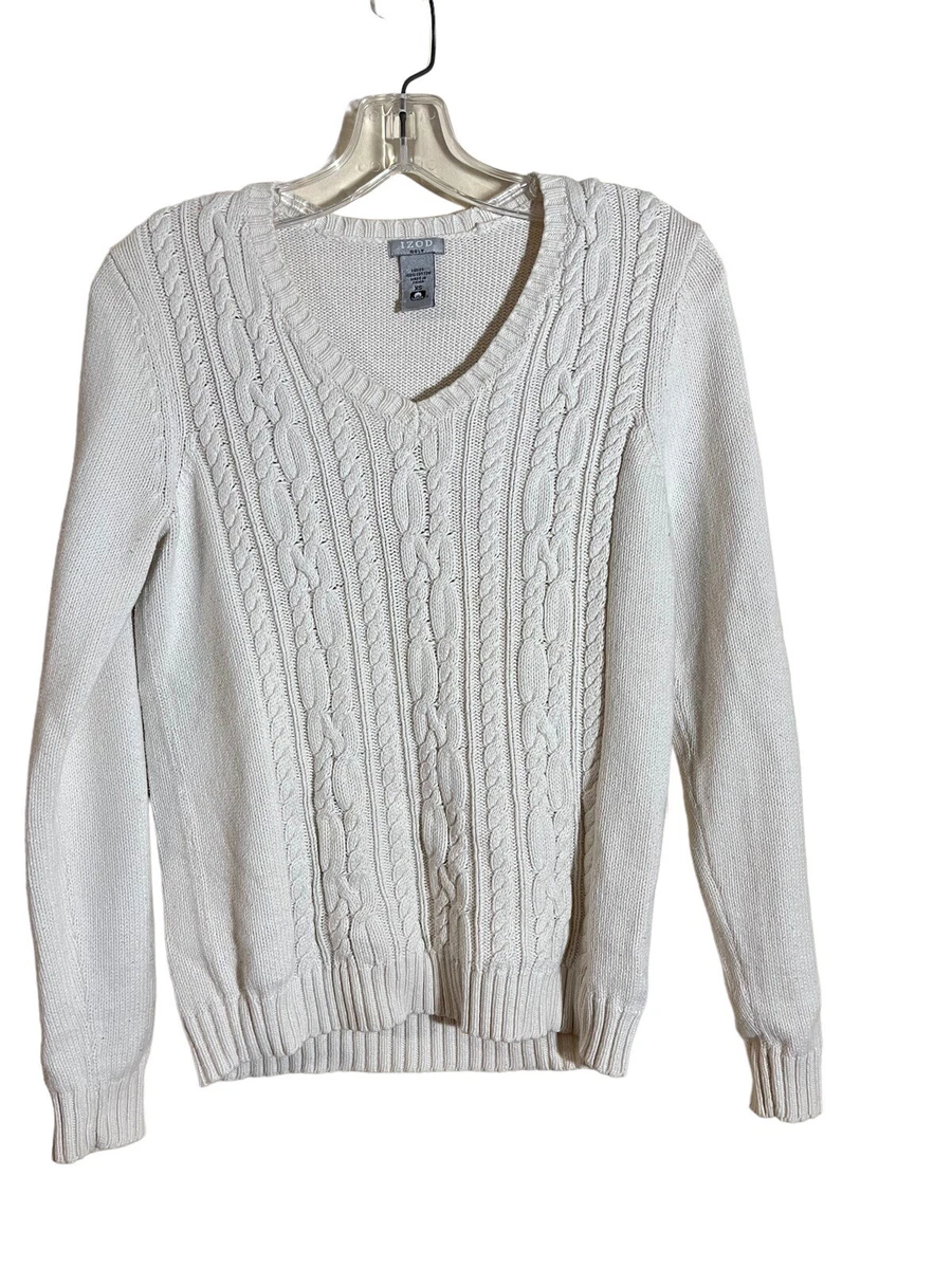 IZOD Golf Sweater Ivory V Neck Cable Knit Cotton Long Sleeve