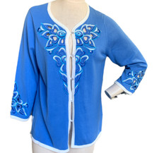 VTG Designer Bob Mackie Floral Embroidery Cutout Cardigan Sweater M Blue 48B