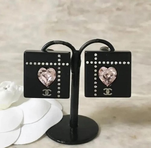 Chanel Authentic earrings Coco mark square heart pink stone black Wide 2cm C01