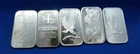 LOT OF 5 SILVER 1 OZ BARS   - 1 NWT MINT, 3 SILVER TOWN, 1 HERAEUS INGOTS