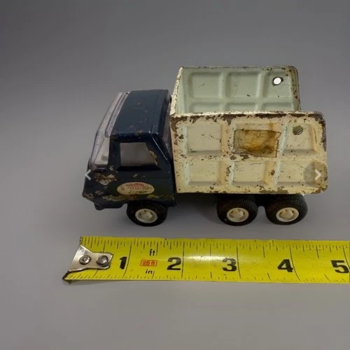 Vintage Mini Tonka Garbage Dump Truck Toy Dark Blue/White Pressed Steel 5”