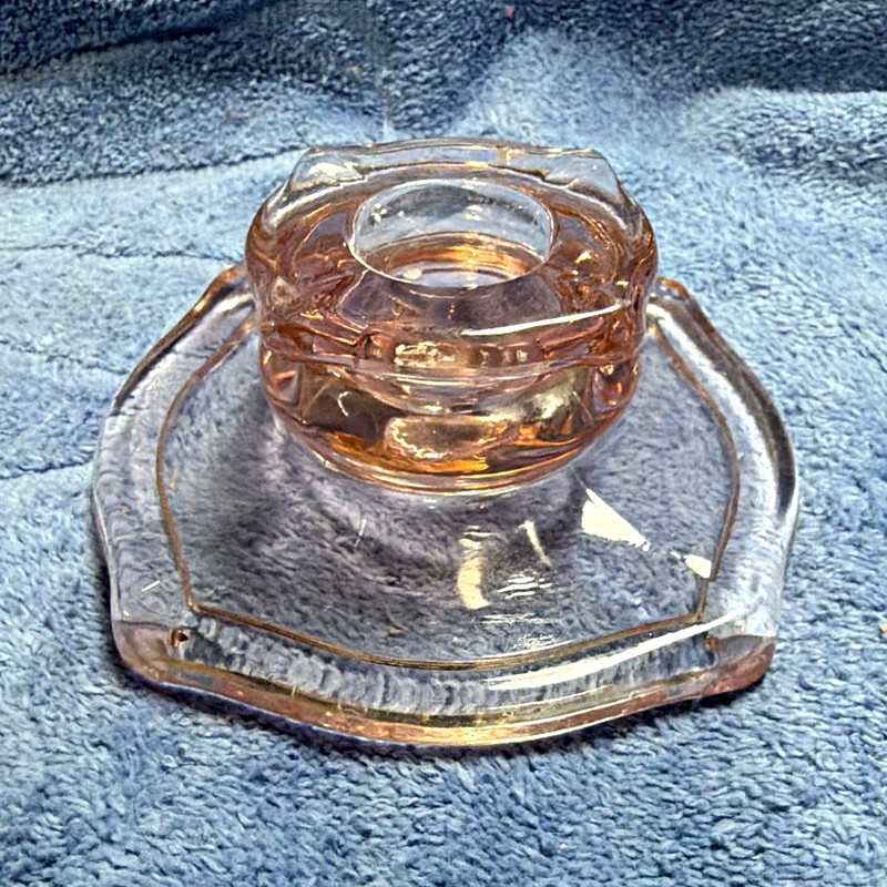 Pink Clear Glass Candle Holder with Octagonal Base, Unmarked Vintage Style