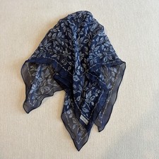 Vintage Symphony Navy Blue Sheer Floral Square Scarf 20x20 Lightweight