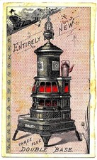 Three flue new coal stove. Trade card.User tips on back