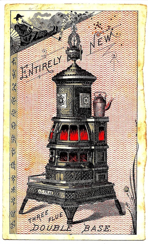 Three flue new coal stove. Trade card.User tips on back