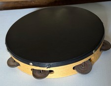 Vintage Wood Frame Black Top Tambourine Instrument Single Row