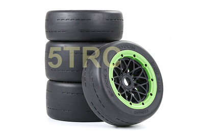 Rofun RC Slicks 1/5 Scale Blacktop Tires Set of 4 Black Wheels Green Bead Rovan