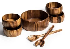 Large Acacia Wood Salad Bowl with Servers and 4 Individuals - 332B7
