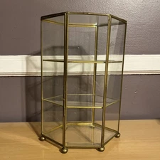 Brass Glass Curio Cabinet Hexagon Display Case w/ Door & Shelves See Photos