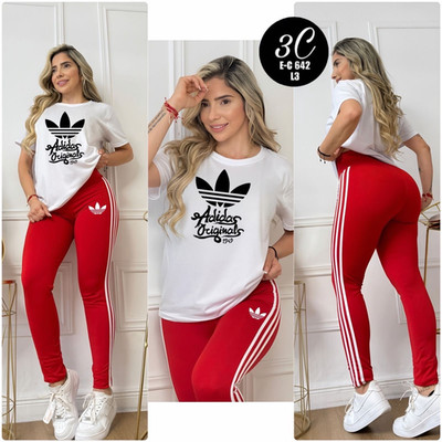 adidas Originals Women s 1 Piece Set Logo Tee & 3-Stripe Pants Red/White 3XL