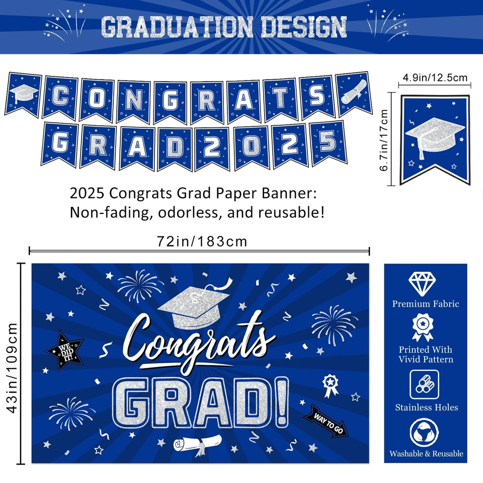 Graduation Decorations 2025 Blue Silver Backdrop Banner Balloons Party - Image 4 of 4