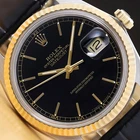 ROLEX MENS DATEJUST 16013 18K GOLD STEEL BLACK DIAL BLACK LEATHER BAND WATCH