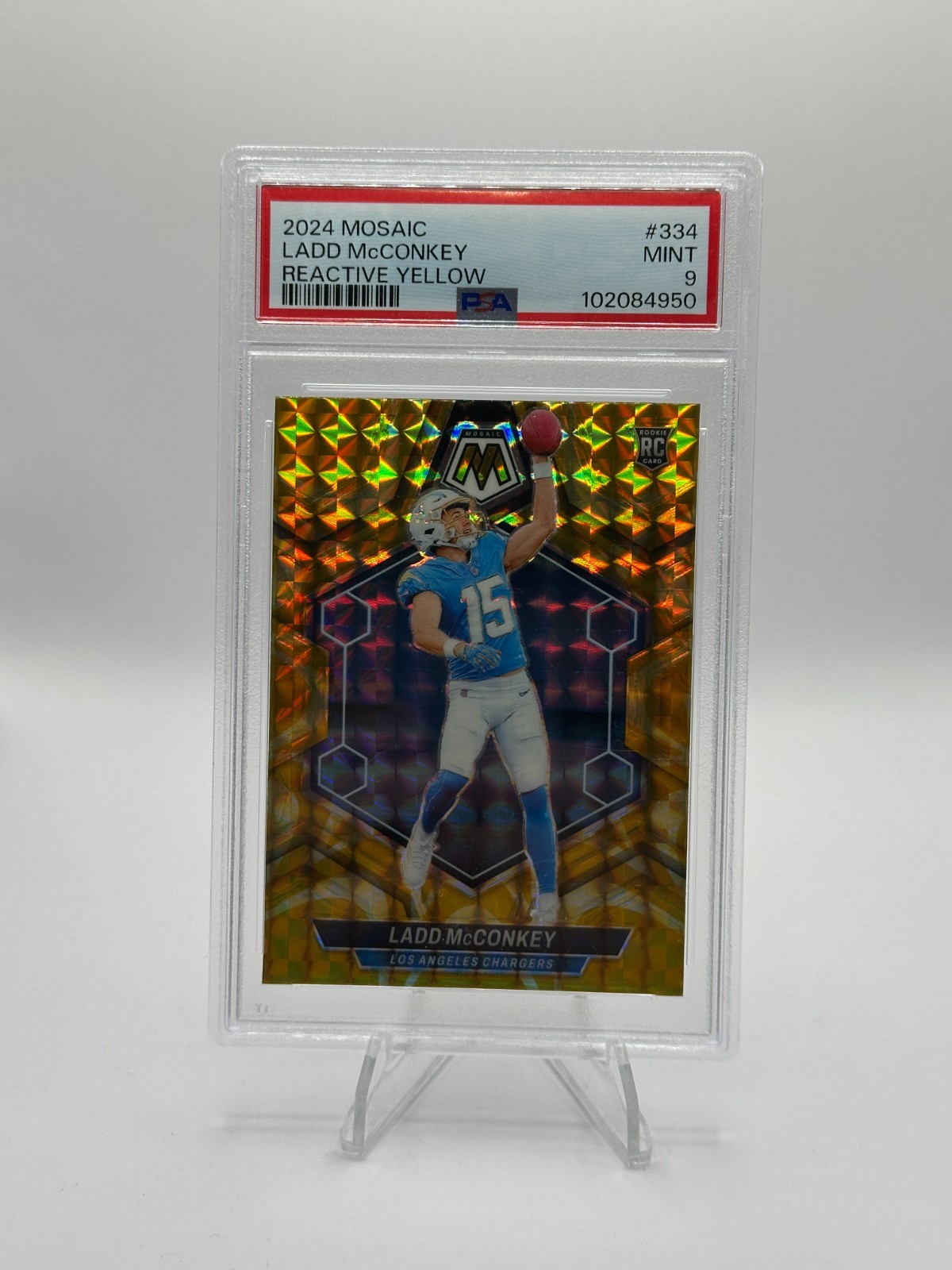 2024 Panini Mosaic - Rookies Ladd McConkey #334 Reactive Yellow Prizm PSA 9 RC