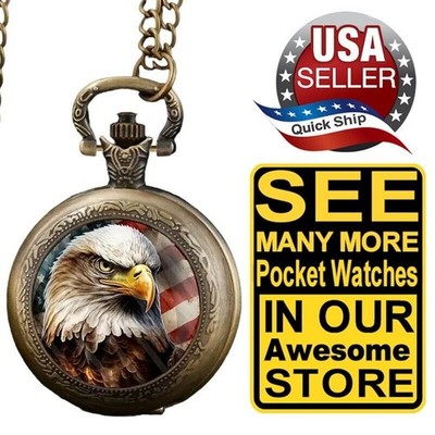 American Flag & Bald Eagle Quartz Pocket Watch Retro Style Bronze   32'' Chain