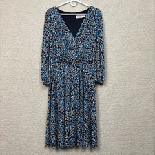 Eliza J Dress Womens 14 Blue Long Sleeve Floral Print V-Neck Shift Liquid Knit