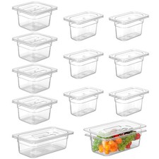 12 Pcs Plastic Food Pans with Lids 1/3, 1/6, 1/9 Size 4'' Deep clear Stackabl...