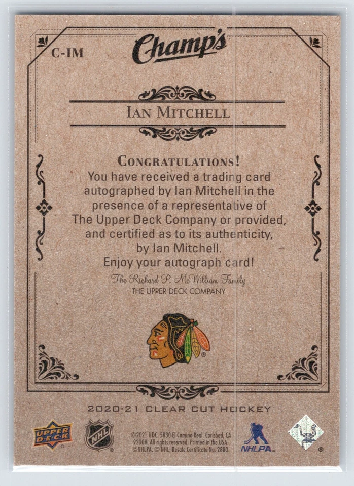 2020-21 Upper Deck Clear Cut #C-IM Ian Mitchell Champs RC AUTO - Image 2 of 2