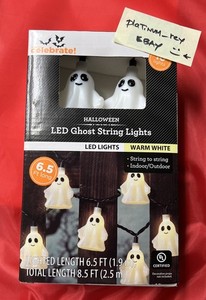 Way To Celebrate 10 Mini String Lights Halloween Indoor/Outdoor White GHOSTS New