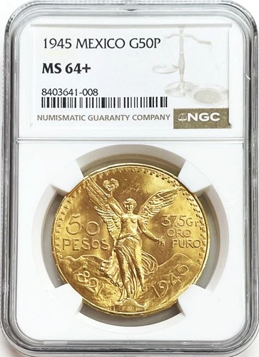 1945 MO GOLD MEXICO 50 PESOS COIN NGC MINT STATE 64+