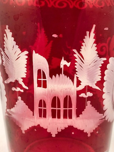 Antique Bohemian Bottle, Etched, Red Flashed Glass - Picture 4 of 10
