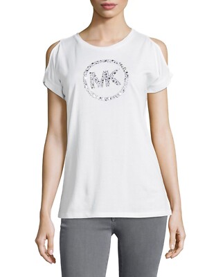 New! MICHAEL KORS ~Size SMALL~ Circle MK Logo Cold-Shoulder Top Tee Short Sleeve