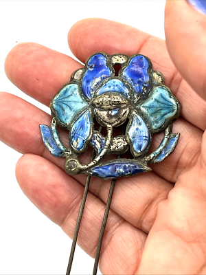 Antique Chinese Silver Enamel Floral Double Hair Pin 10” Wedding Hair Piece Antique Chinese Silver Enamel Floral Hair Pin Ornament 5 main image 4