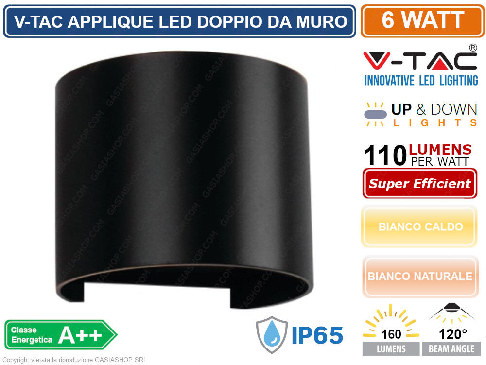 V-TAC VT-756 LAMPADA A MURO NERA CON DOPPIO LED COB FASCIO REGOLABILE 6W IP65