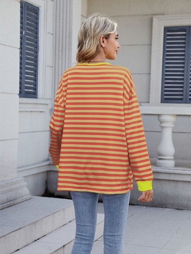 Striped T-Shirt Lace-Up Crisscross V Neck Long Sleeve Blouse Top - Picture 13 of 52