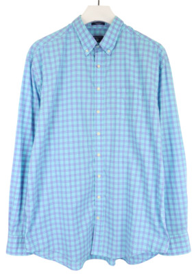 Gant Dogleg Poplin Regular Fit Shirt Mens 2XL Plaid Blue Button Down