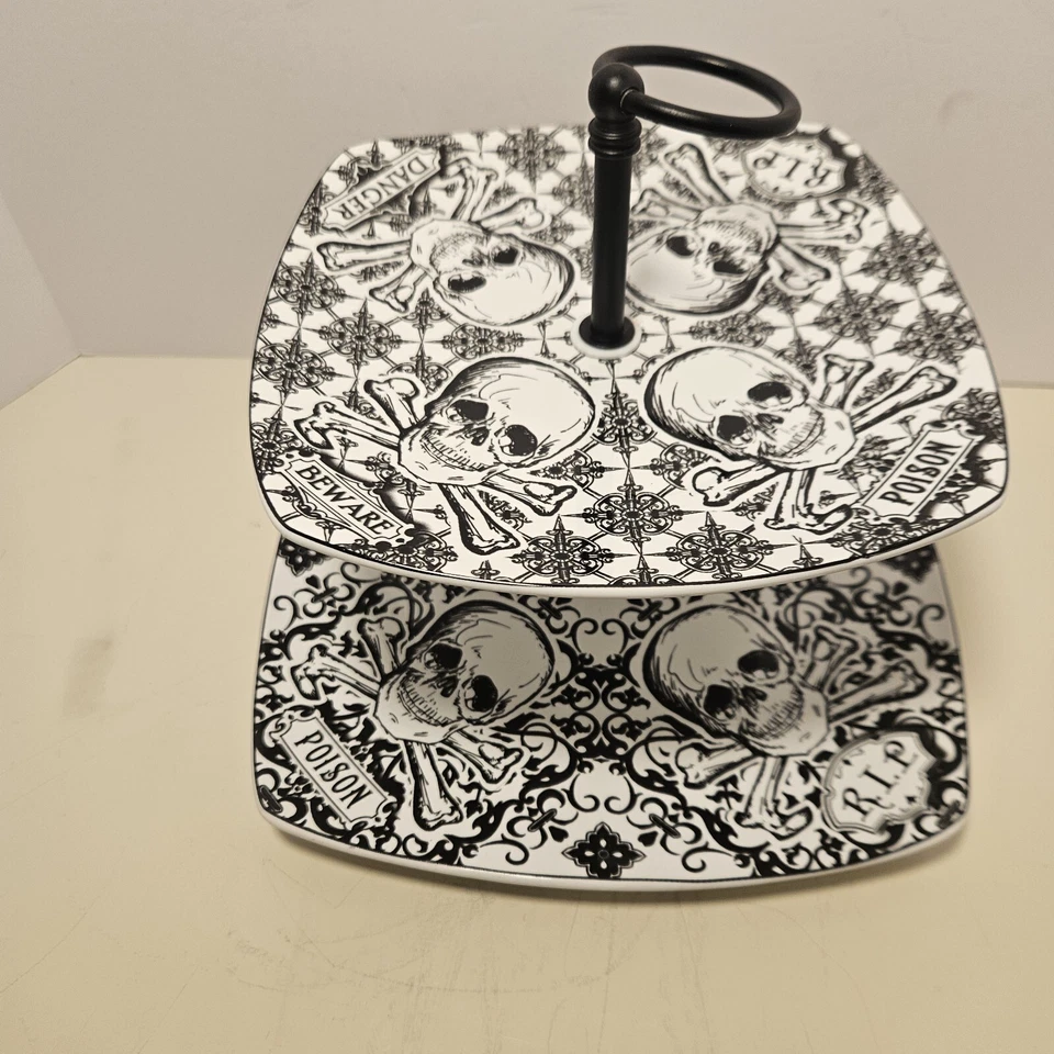 222 Fifth Halloween Skull Cross Bone Skeleton 2 Tier Tid Bit Tray Display Plate  - Image 3 of 4