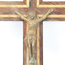 Antique Crucifix Corpus Christi painted metal inlaid wooden cross religious #5