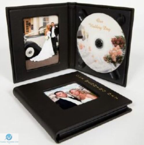 10 Small Single CD DVD Wedding Photo Album Case with Gold Lettering Black - Afbeelding 1 van 2