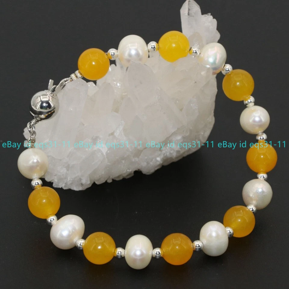 Natural 8-9mm White Baroque Pearl 8mm Yellow Topaz Round Beads Bracelet 7.5 Inch - Image 3 of 4