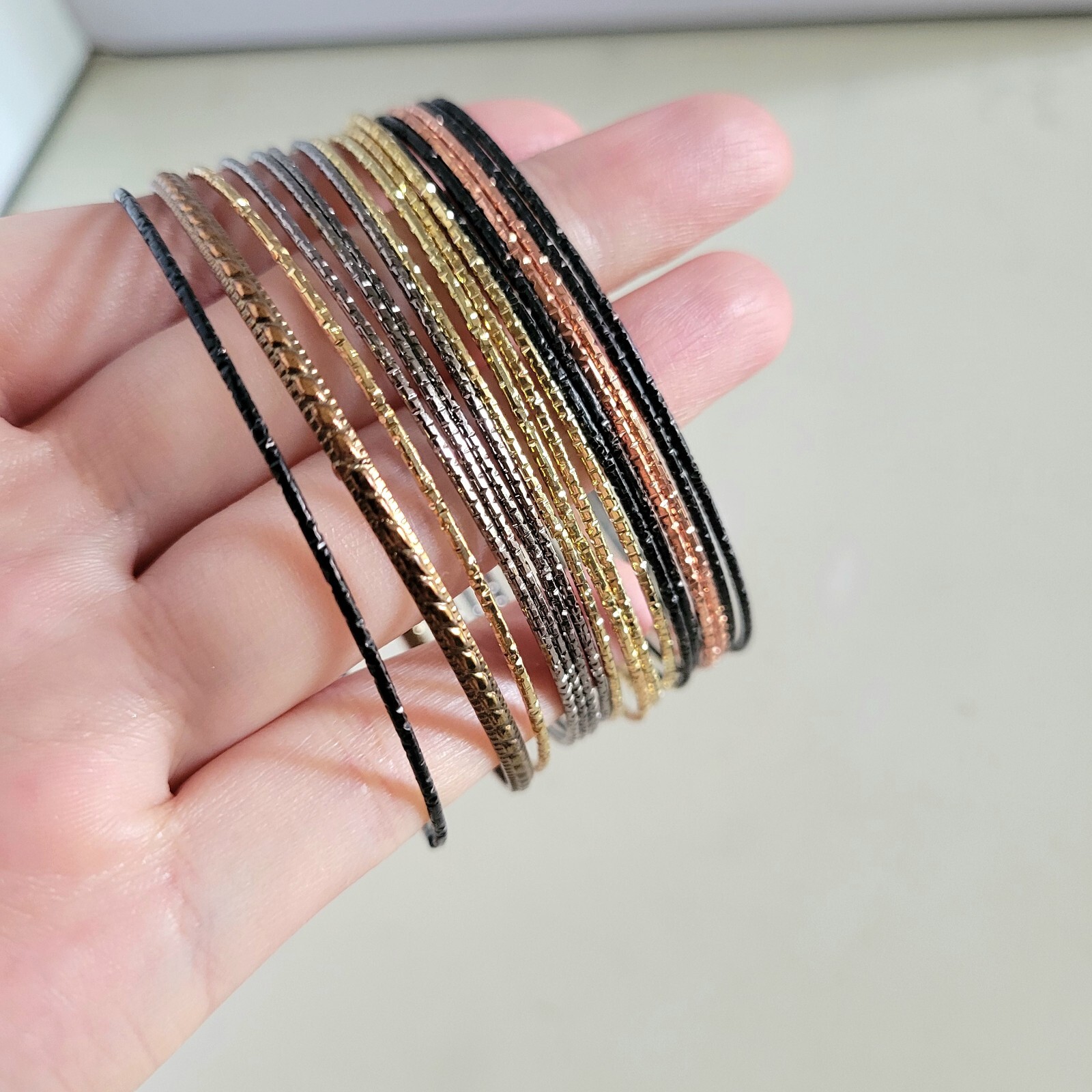 Thin Metallic Bangle Bracelet Stack Set Gold Rose… - image 3