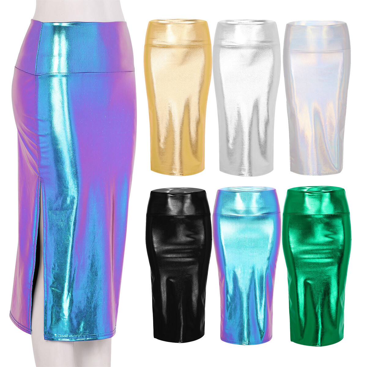 y❤︎ Women's Shiny Metallic Bodycon Slit Slim High Waist Long Tight