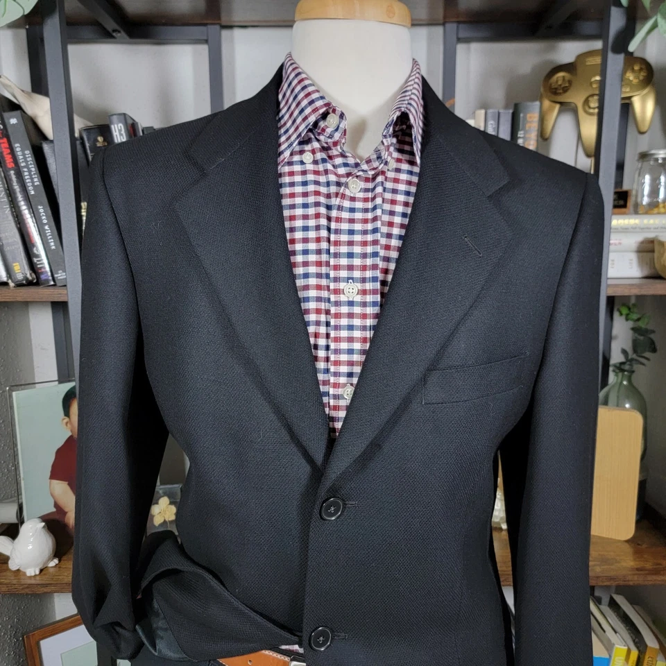 Claiborne 男式运动外套三扣黑色暗淡图案羊毛羊绒尺寸 40L — 第 2/4 张图片