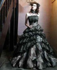 Gothic Black Wedding Dresses Ruffles Organza Strapless Lace Up Back Bridal Gowns
