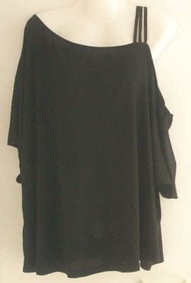 R ''SHEIN FIT'' schwarzes Shirt einseitig schulterfrei m. kurzen Ärmeln Gr.US32/34