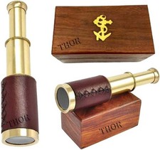 Antique Marine 6" Brass Handheld Telescope Nautical with Anchor Wooden Box