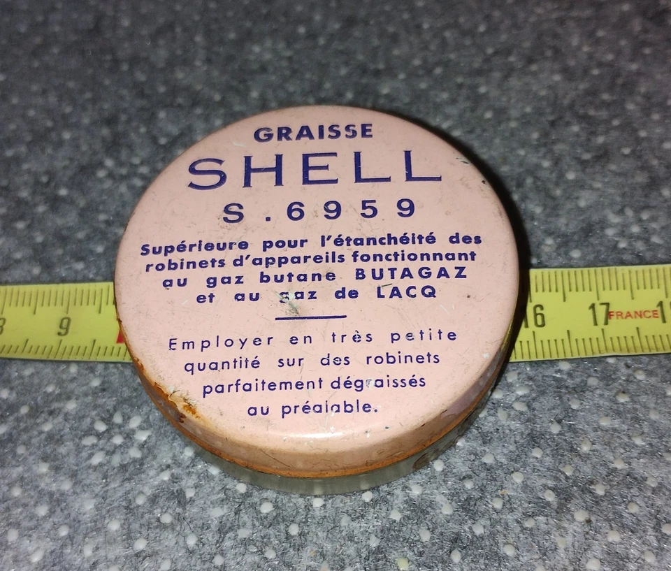 Rare Ancien bidon boite Graisse SHELL S.6959 Robinet De Gaz Butane BUTAGAZ LACQ - Photo 2/4