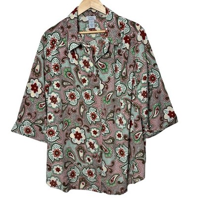 Only Necessities Blouse Top Button Up Womens 1X Paisley Boho 3/4 Sleeve Western