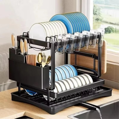 2 Tier Dish Drying Rack Large Capacity Metal Kitchen Counter Plate Organizer