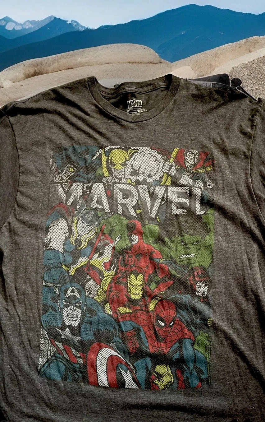 MARVEL COMICS VINTAGE WASHED SUPER HERO ROLL CALL GRAPHIC T-SHIRT DARK GRAY 2XL