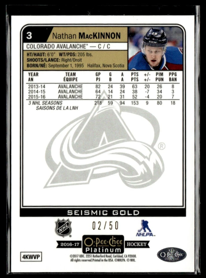 2016-17 O-Pee-Chee Platinum Seismic Gold Nathan MacKinnon 02/50 #3 - Image 2 of 2