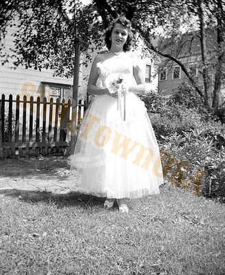 Vtg 120 B&W Negative Woman White Prom Dress Gown Bouquet Fence Yard 1950s N-1742