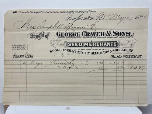 Vintage 1894 George Craver & Sons Seed Merchants Invoice Binghamton NY Paper