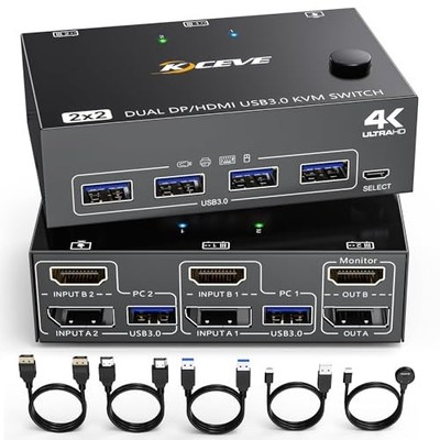 DP HDMI KVM Switch 2 Computer 2 Monitore USB 3.0 4K 60Hz