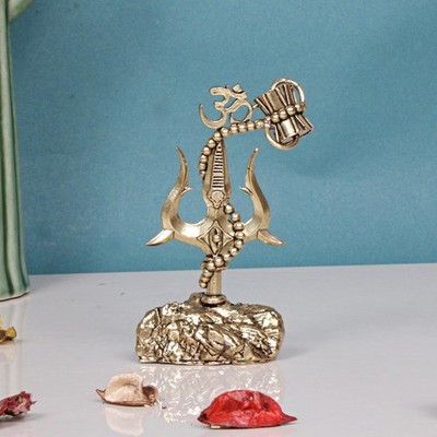 Messing Shiva Bholenath Om Trishul Dreizack Mit Damaru auf Ständer 10.2cm